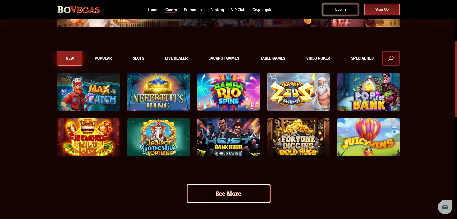 Bovegas Casino slot games library — top titles and categories