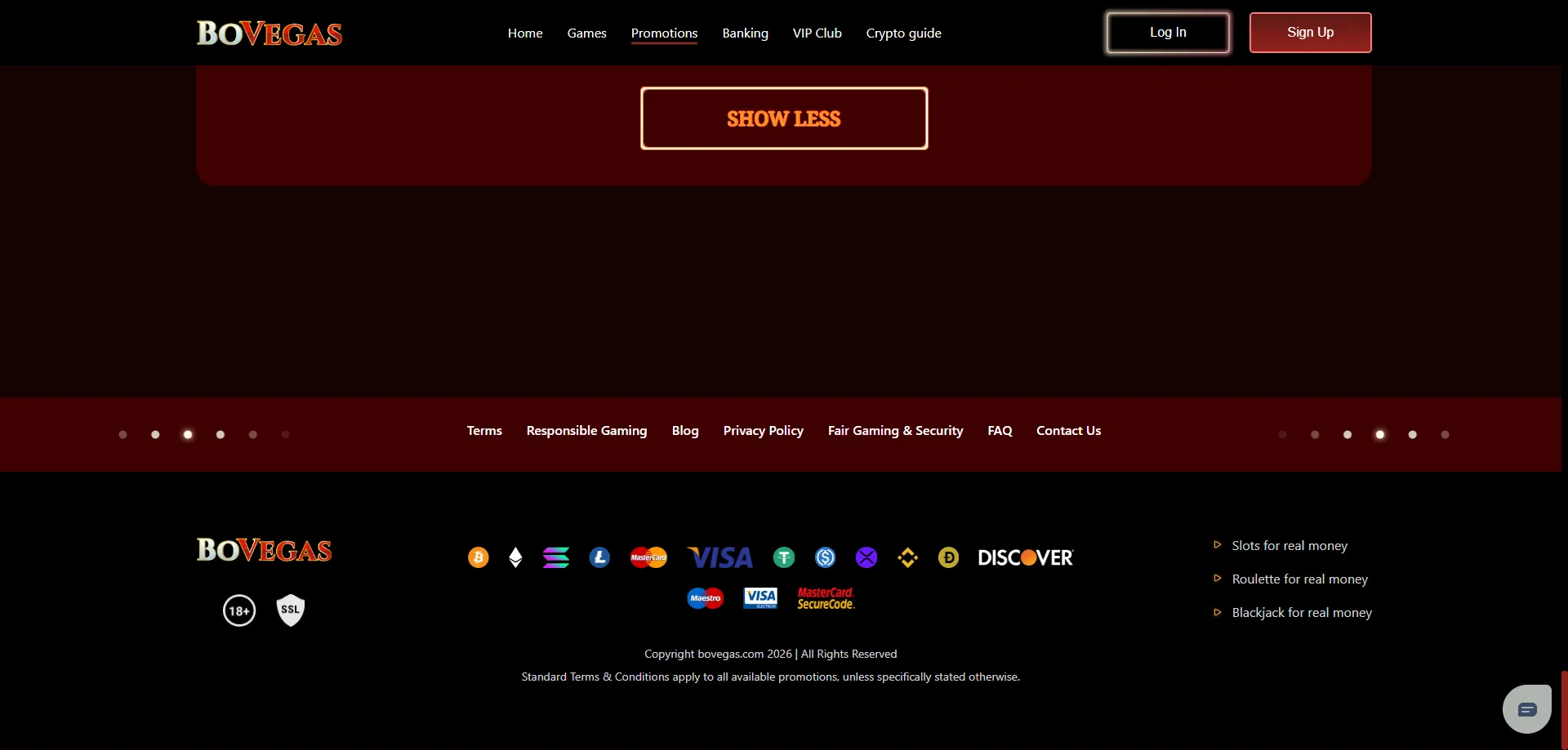 Bovegas Casino payment methods — crypto and card deposits